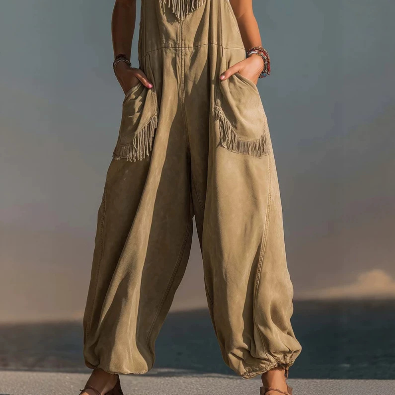 Desert Western Fringe Faux Suede Jumpsuit