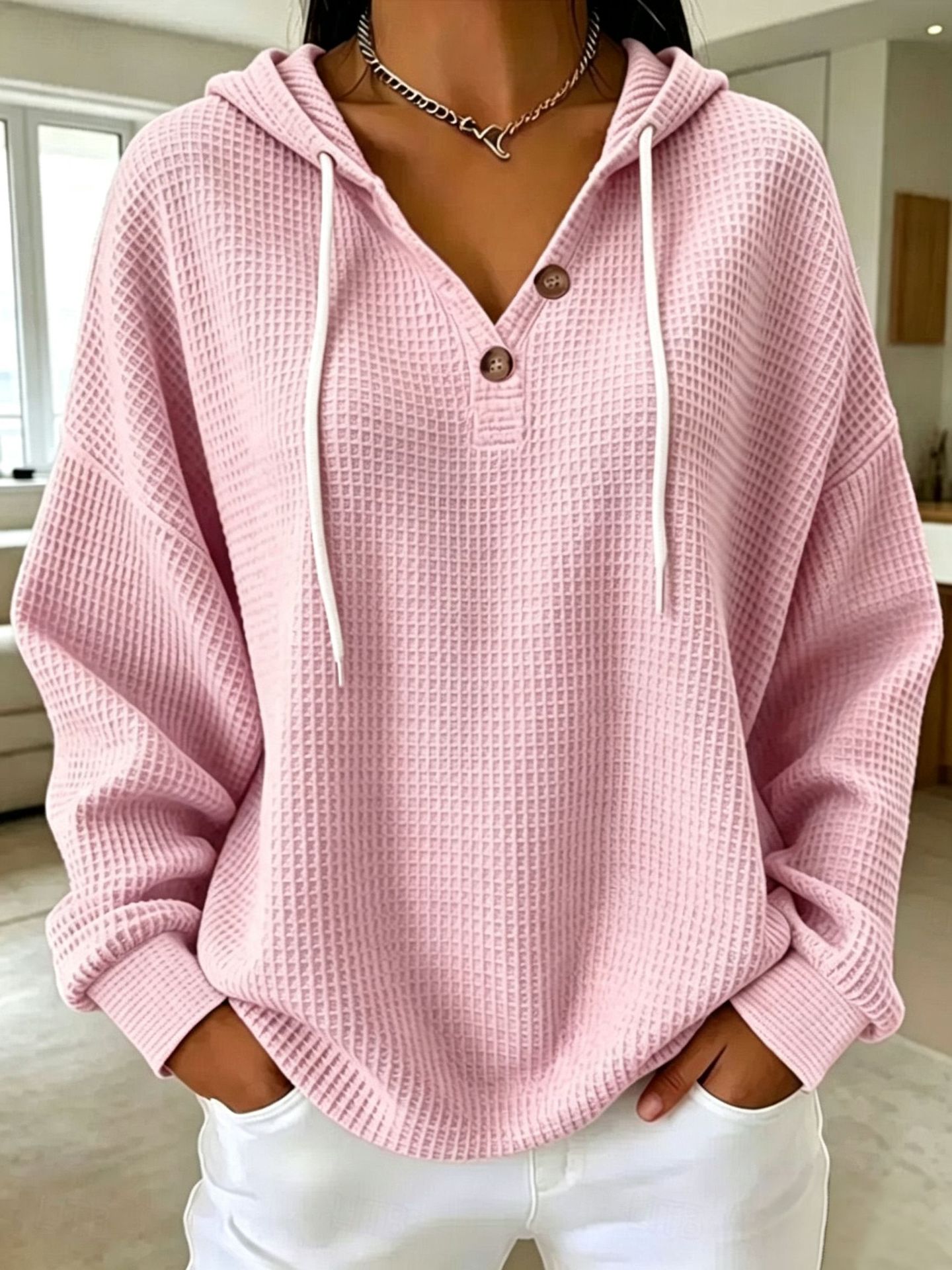 Women's Waffle Knit Drawstring Hoodie Oversized Pullover