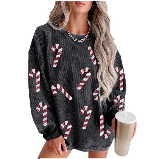 Women's Christmas Candy Cane Print Crewneck Sweatshirt
