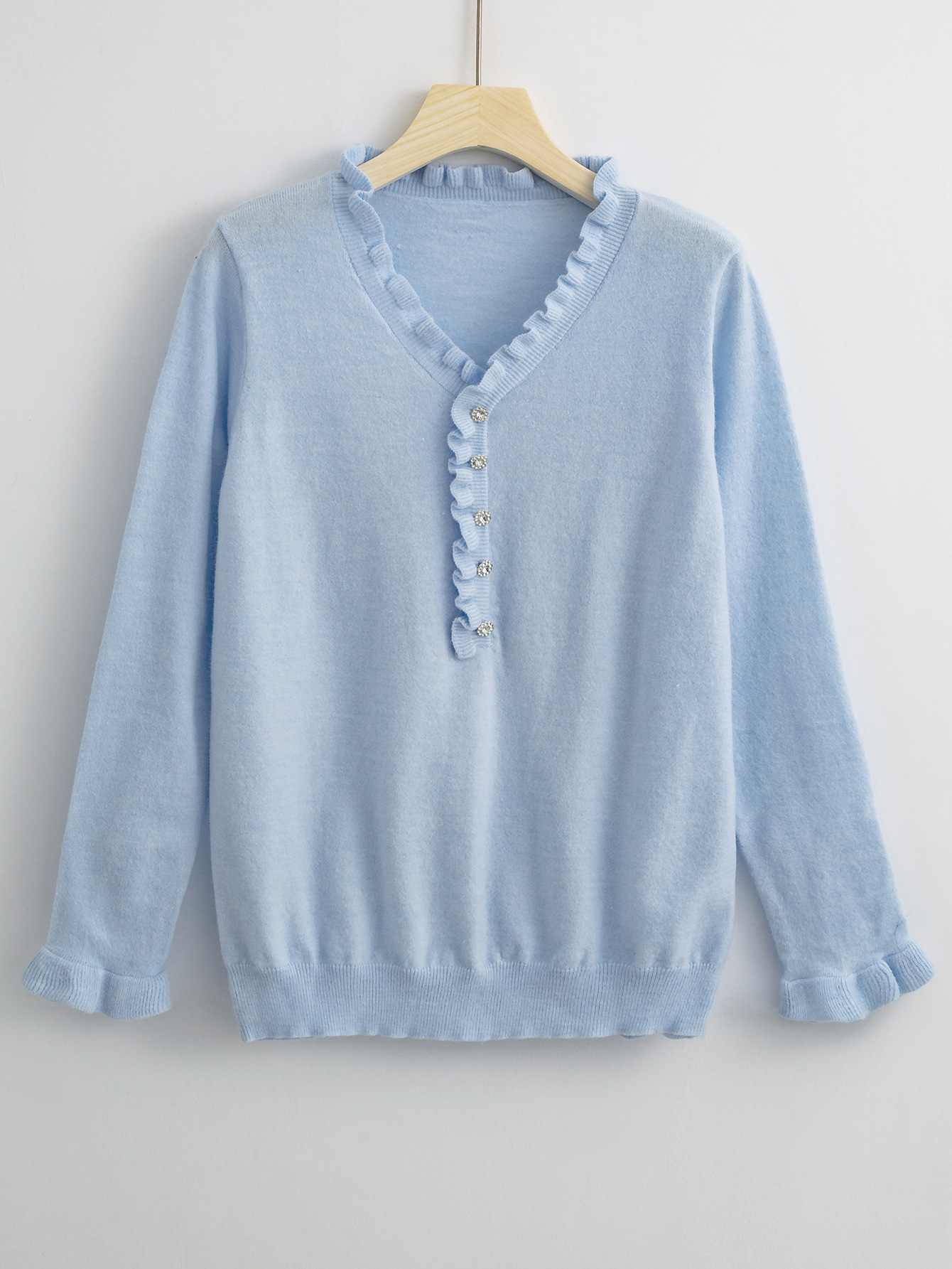Women's Long Sleeve Ruffle Knit Top V-Neck Beaded