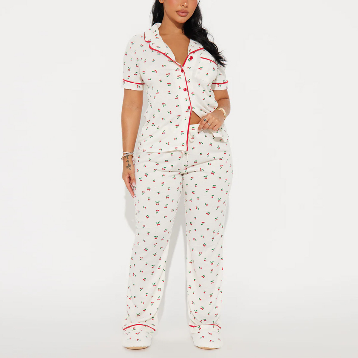 Women's Polka Dot Cuban Collar Short Sleeve Top and Pants Lounge Set
