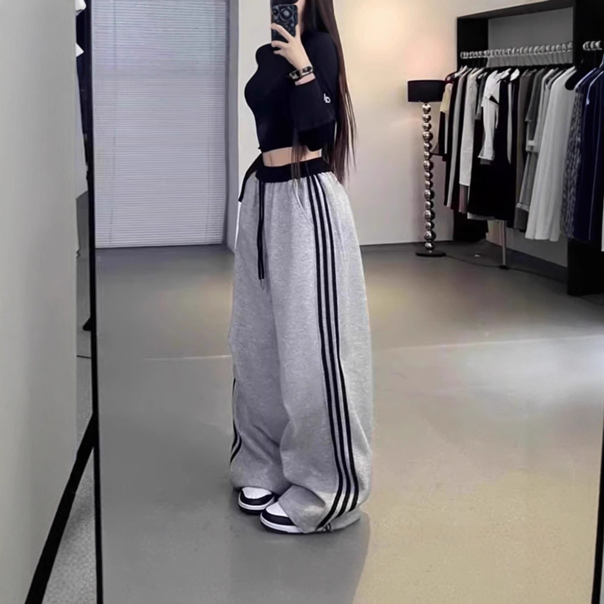 High-Waisted Wide-Leg Track Pants with Side Stripes, Loose Casual Fit