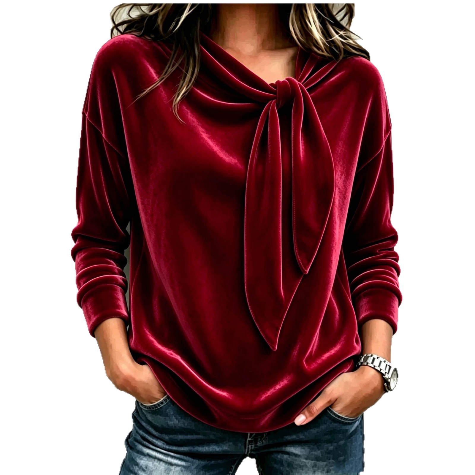 Velvet Bow Sweater Solid Color Pullover Top