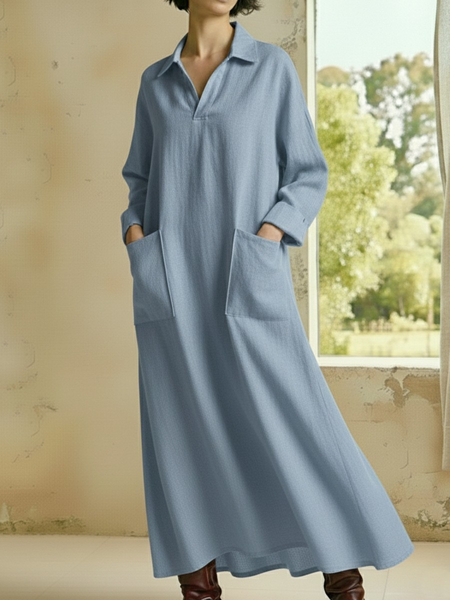 Solid Color Polo Collar Double Pocket Long Sleeve A-Line Maxi Dress
