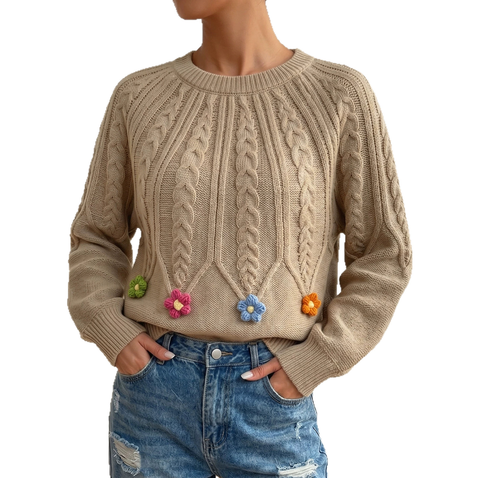 Women's Cable-Knit Sweater with Lantern Sleeves and Round Neck