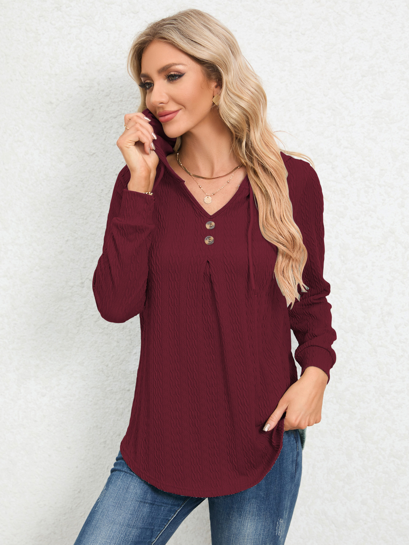 V-Neck Loose Long-Sleeve Hooded Sweatshirt for Women