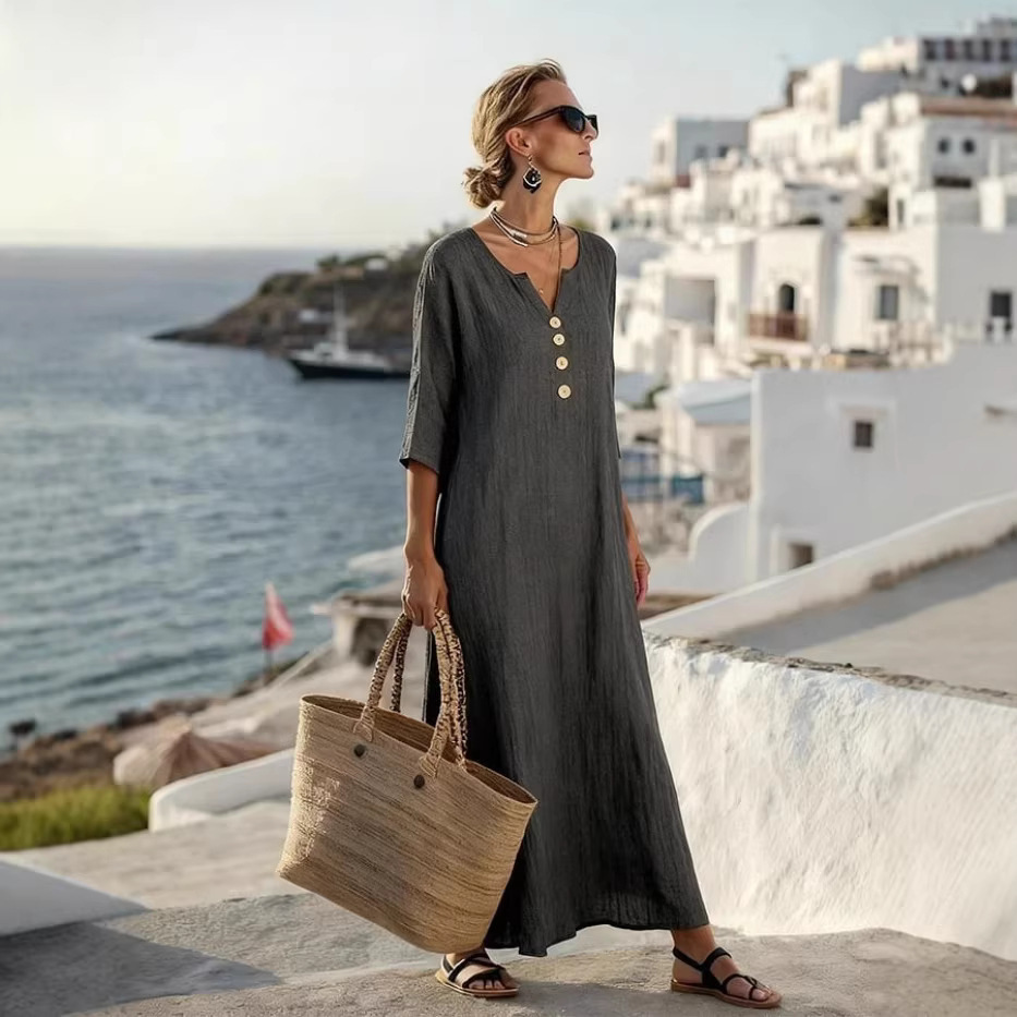 Relaxed V-Neck Long Dress Loose Elegant Casual Vacation