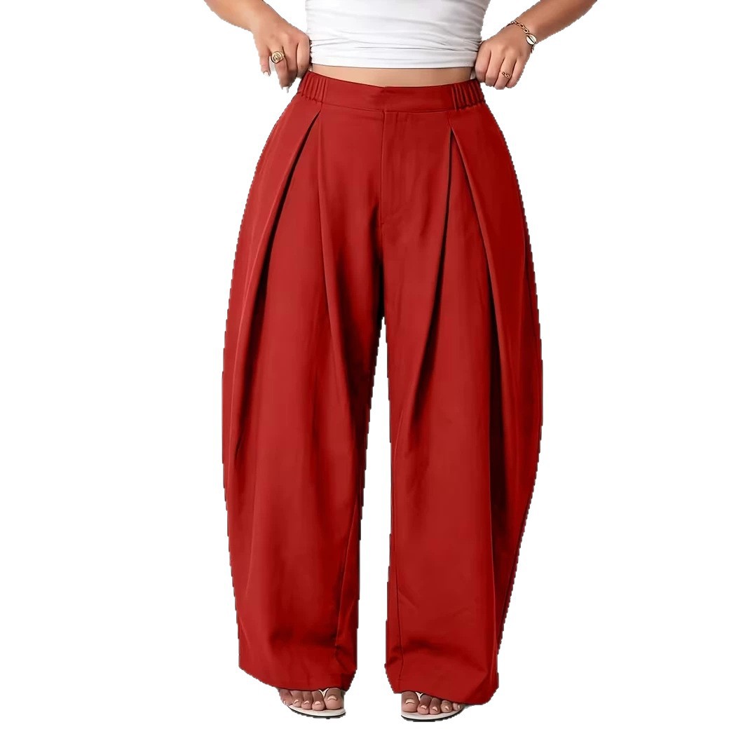 High-Waisted Pleated Wide-Leg Pants with Elastic Waist