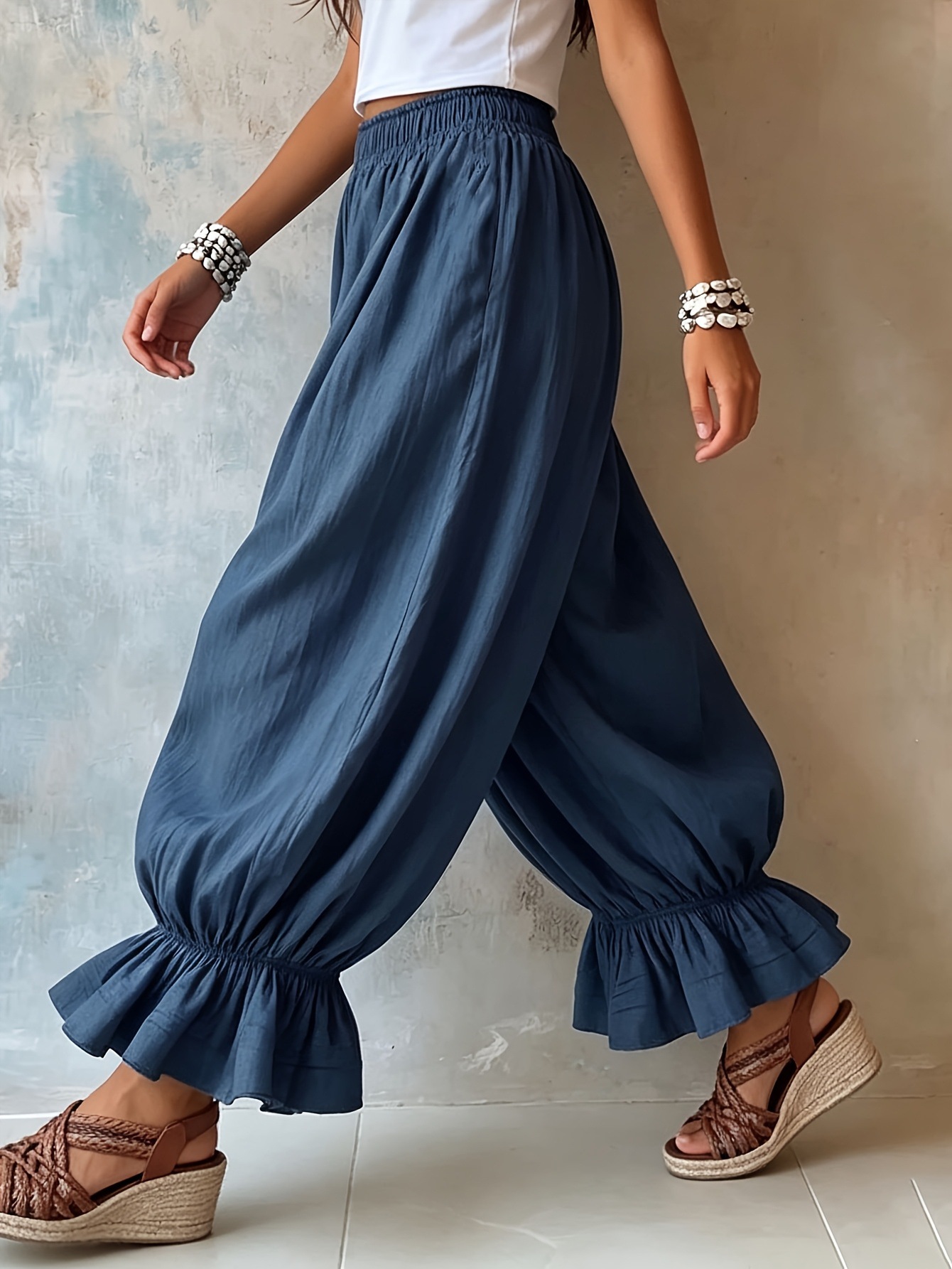 High-Waist Wide-Leg Ruffle Hem Pants for Women