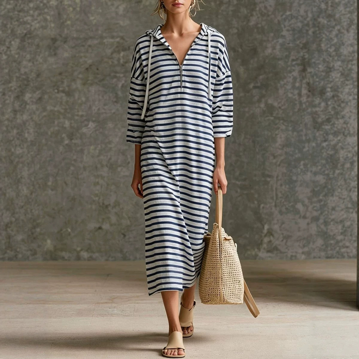 Striped Hooded Midi Dress Casual Sporty Long Sleeve