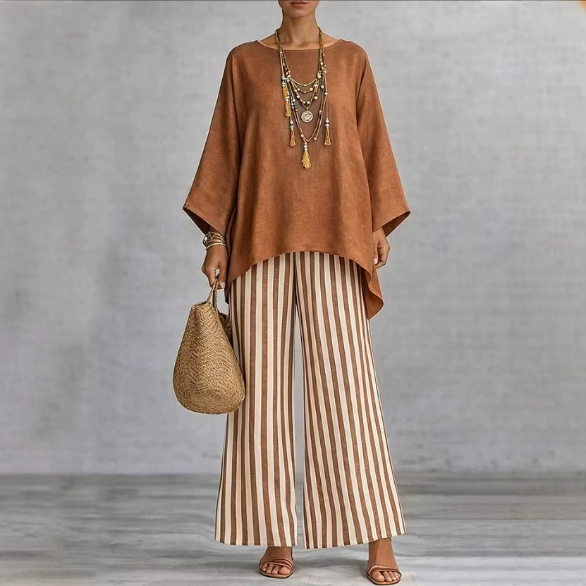 Women's Striped Print Cotton-Blend Two-Piece Set with Loose Collared Top and High-Waist Wide-Leg Pants