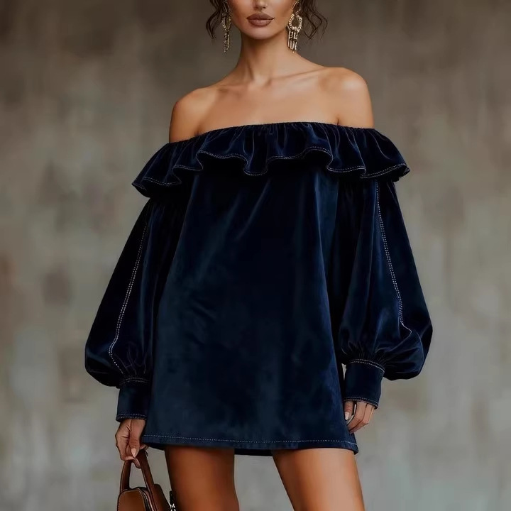 Velvet Off-Shoulder Mini Dress with Puff Sleeves