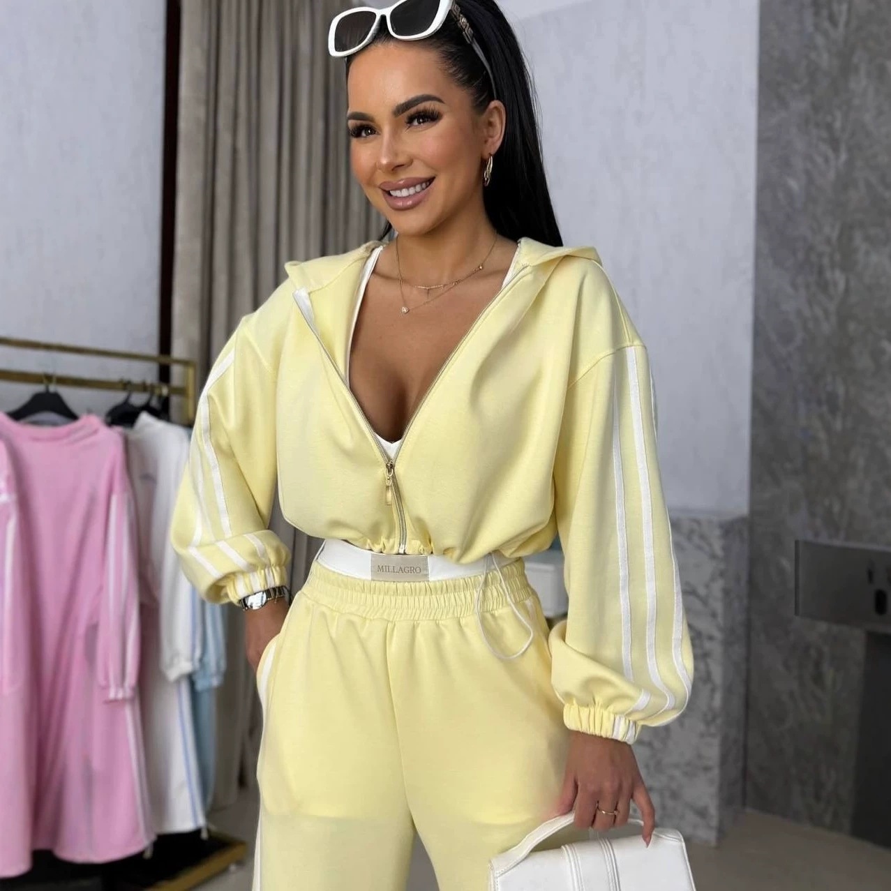 Women's Long Sleeve Zip Hooded Tie-Waist Cardigan and Wide-Leg Pants Set
