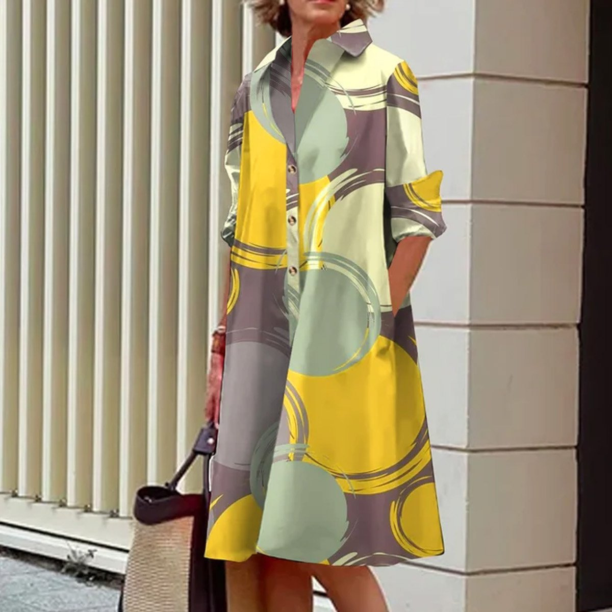 Geometric Print Midi Dress Long Sleeve Polo Collar A-Line Tie-Waist