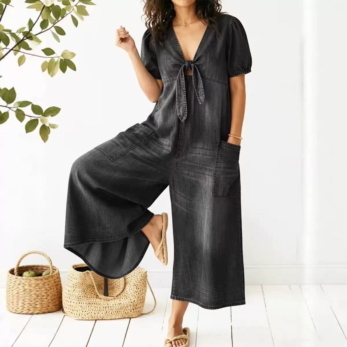 Women's Casual Loose Short Sleeve V-Neck Washed Denim Jumpsuit with Pockets