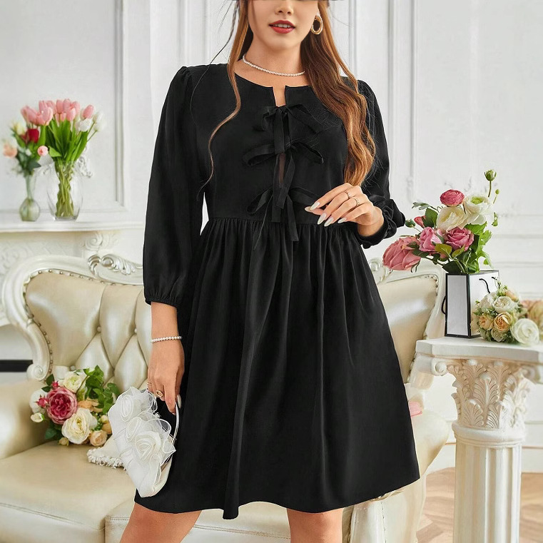 Plus Size Women's Long Sleeve A-Line Dress with Chest Tie Detail