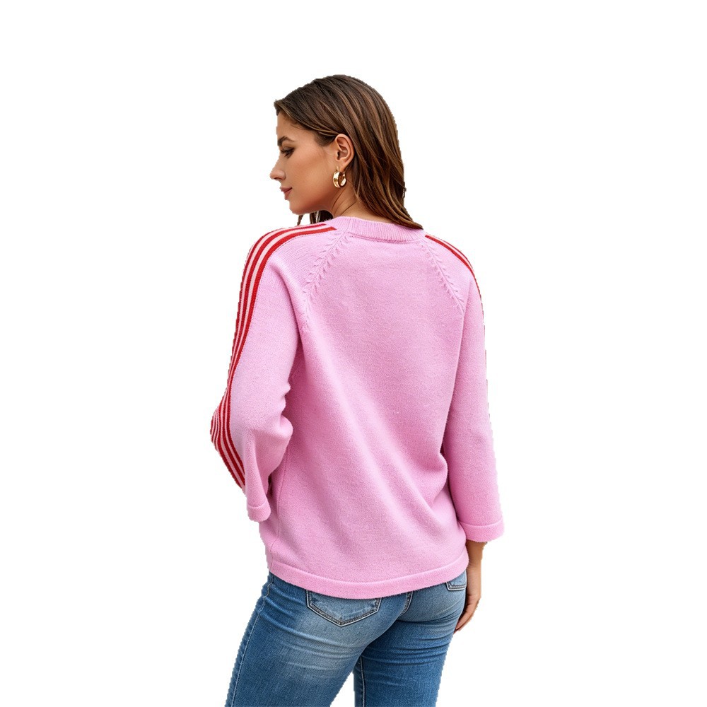 Women's Striped Color-Block Knit Sweater with Three-Quarter Sleeves, Loose Casual Crewneck Pullover