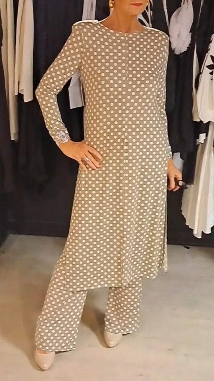 Polka Dot Round Neck Slim Fit Slit Long Top & Pants Set