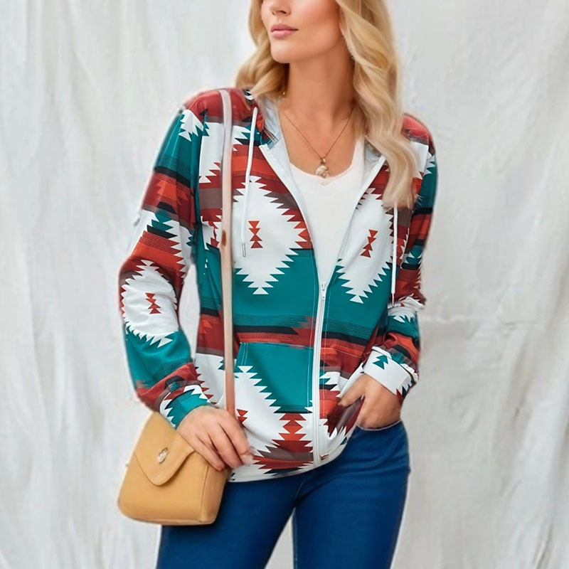 Colorblock Print Hooded Zip Jacket Loose Fit Long Sleeve