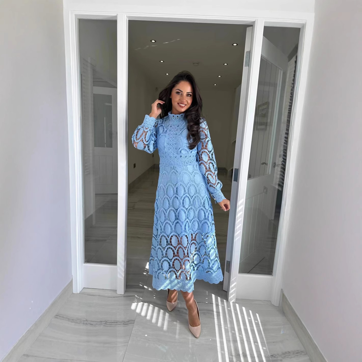 Sexy Cutout Long Sleeve Stand Collar Lace Trim Maxi Dress