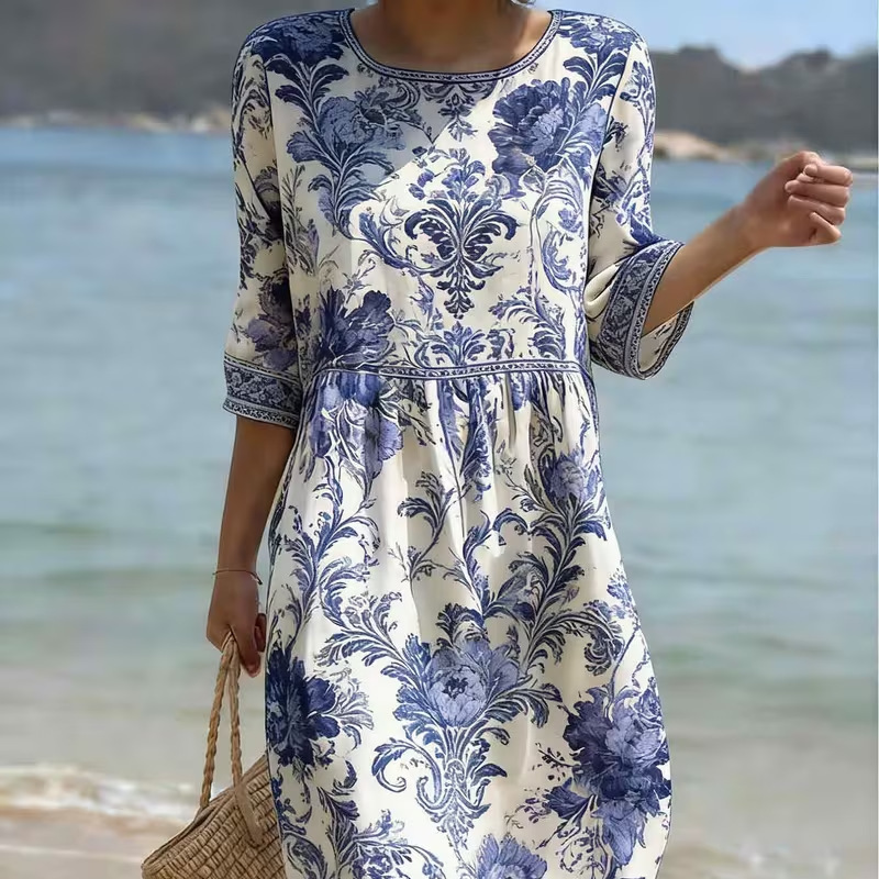 Women's Elegant Floral Print Pleated Midi Dress