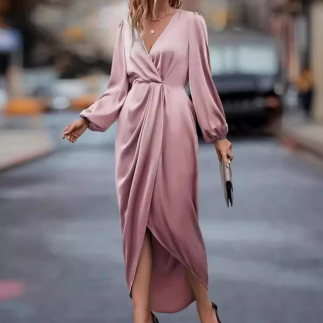 Solid V-Neck Long Sleeve High Waist Slit Maxi Dress