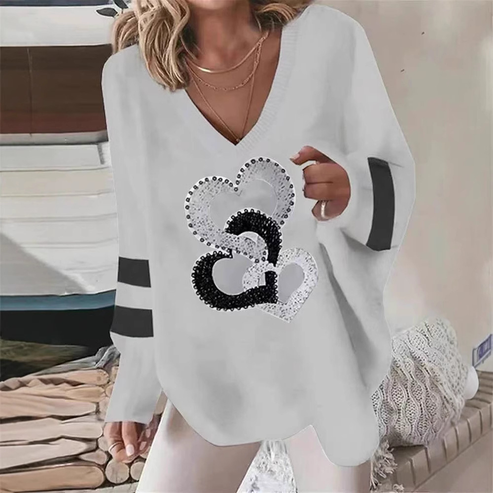 V-Neck Loose Geometric Heart Long-Sleeve Sweatshirt for Women