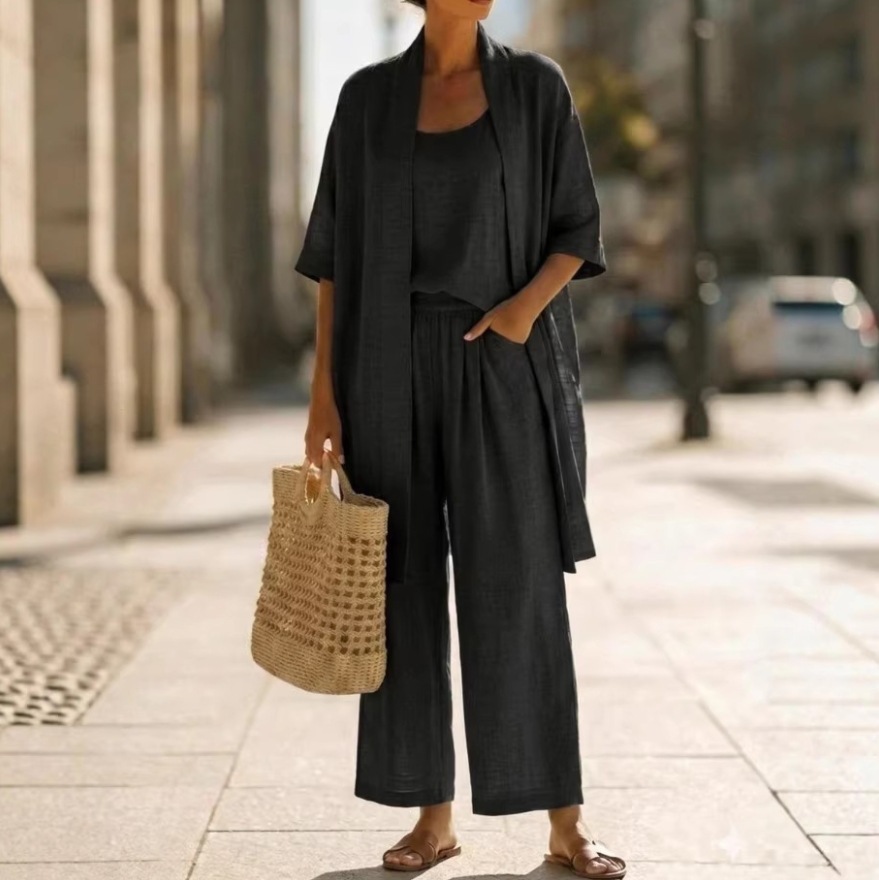 Women's Summer Breathable Linen 3-Piece Set White Cardigan Cami Wide-Leg Pants