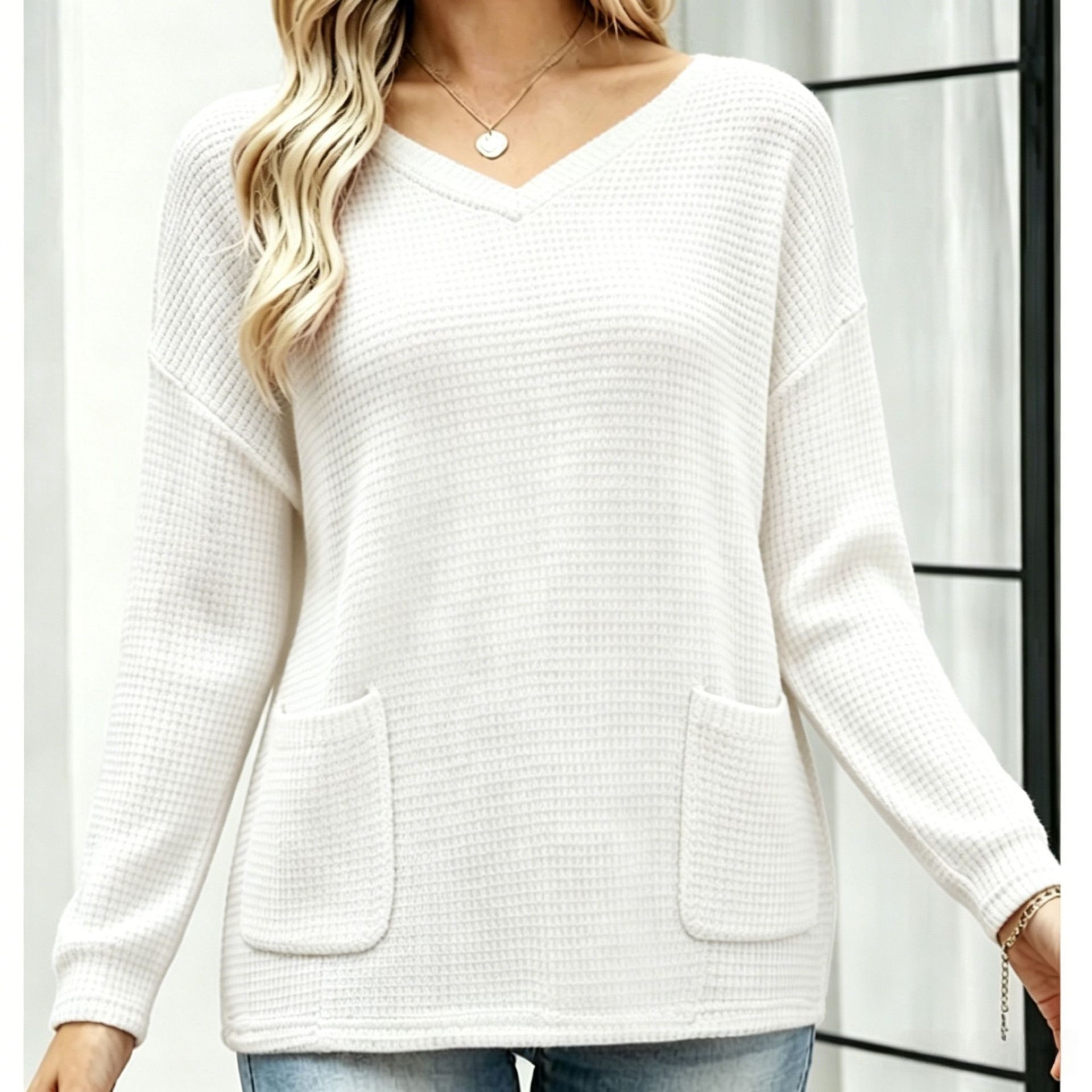 Women's V-Neck Knit Sweater with Pockets Loose Fit Pullover Top