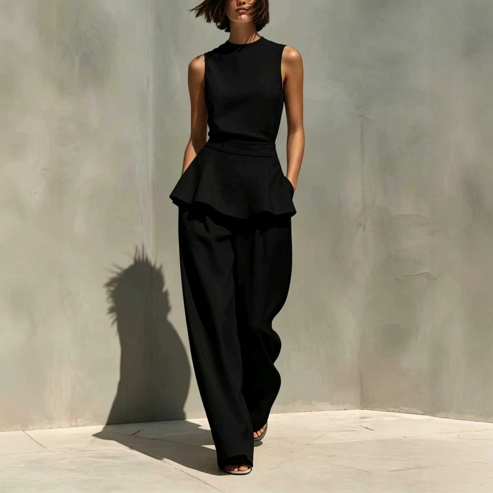 Women's Sleeveless Vest & Wide-Leg Pants Cotton-Linen Two-Piece Set