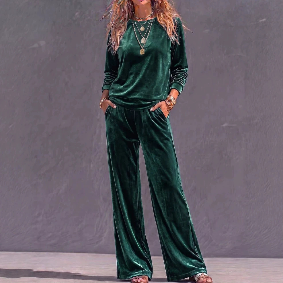 Solid Velvet Crewneck Long-Sleeve Loose Wide-Leg Two-Piece Set