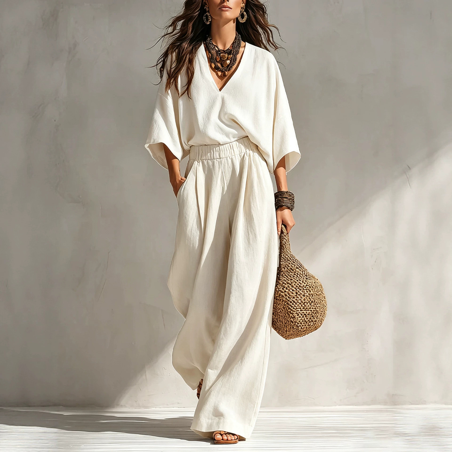 Bohemian Linen-Blend Deep V-Neck Short-Sleeve Wide-Leg Two-Piece Set