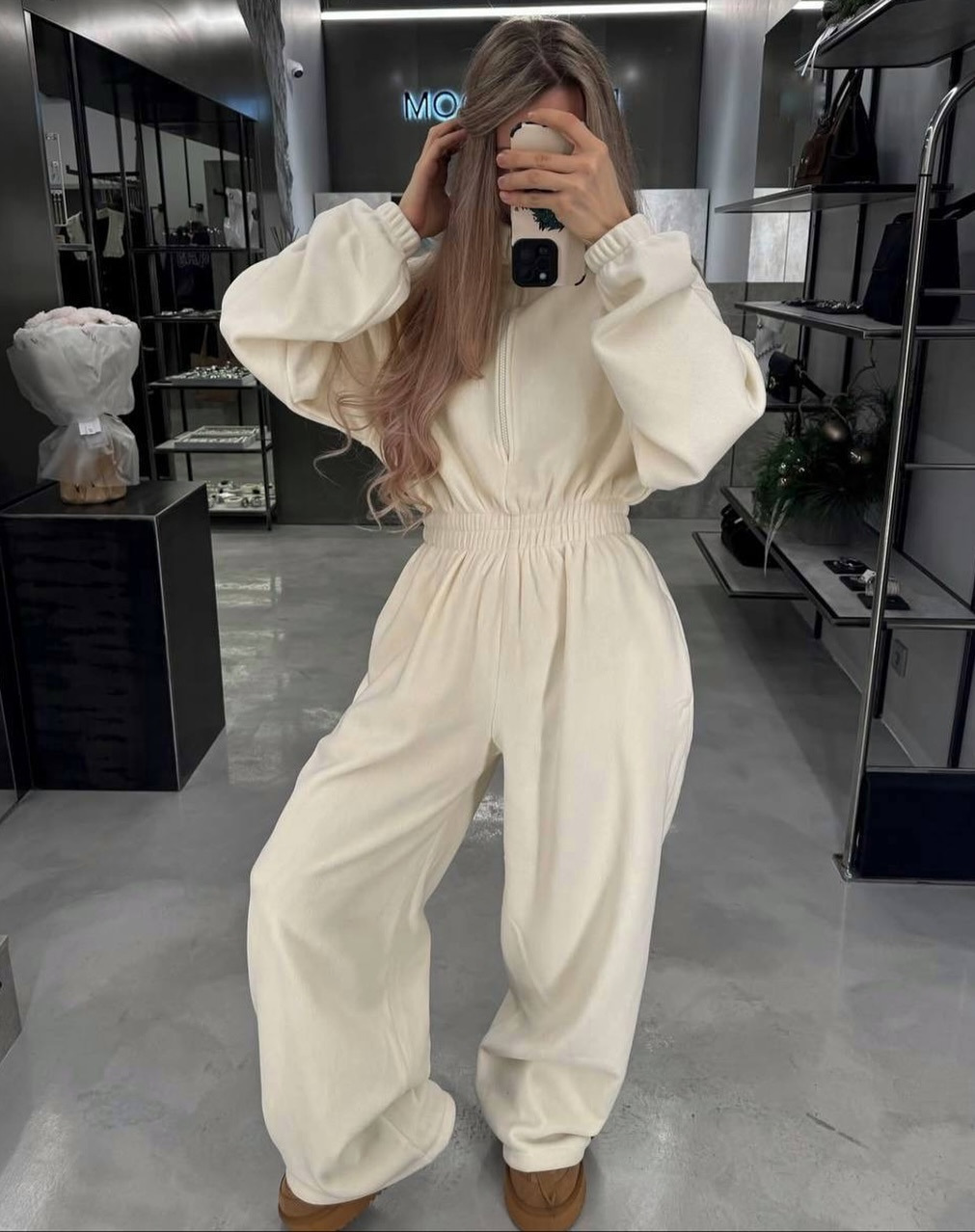 Women's Fleece Zip-Up Jumpsuit with Stand Collar and Wide Legs