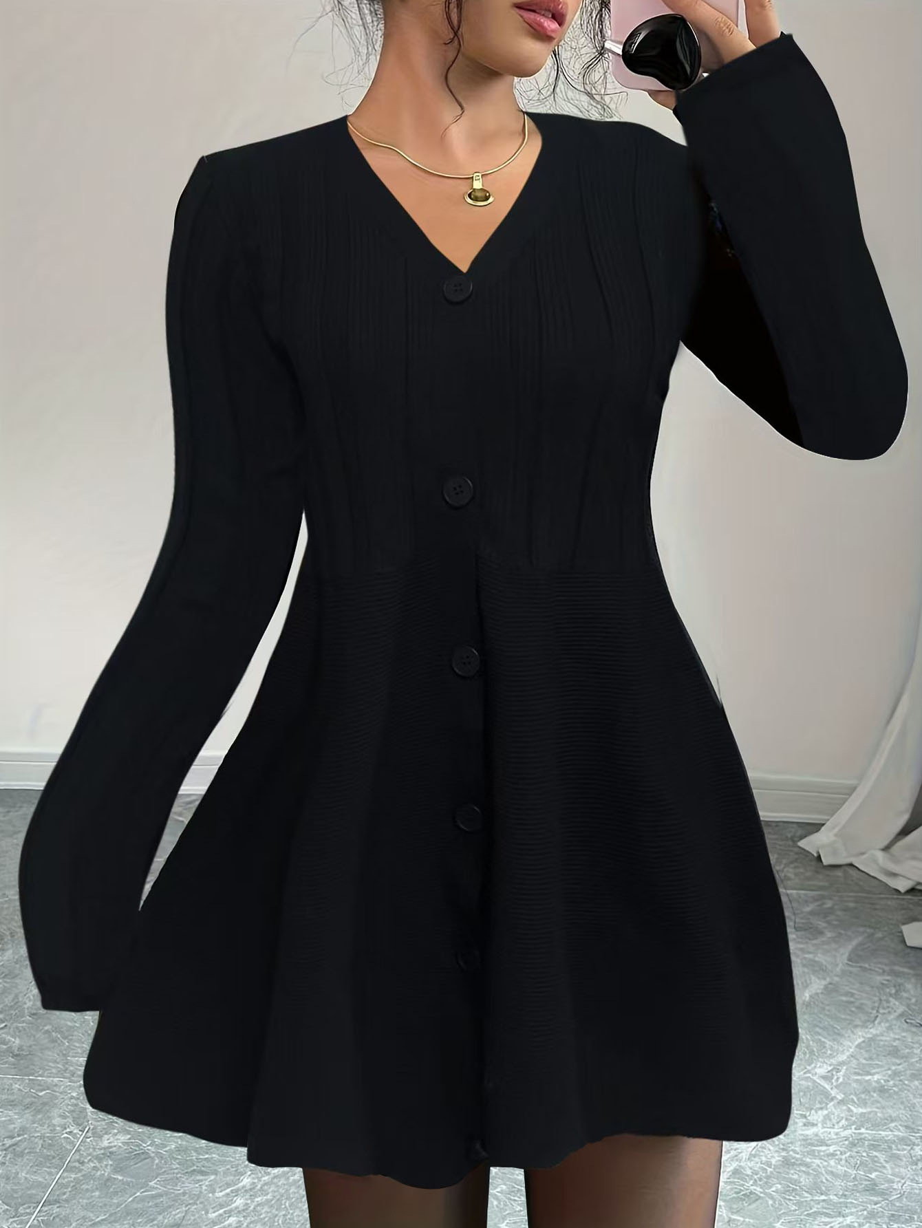 Black V-Neck Long Sleeve Button Knit Dress