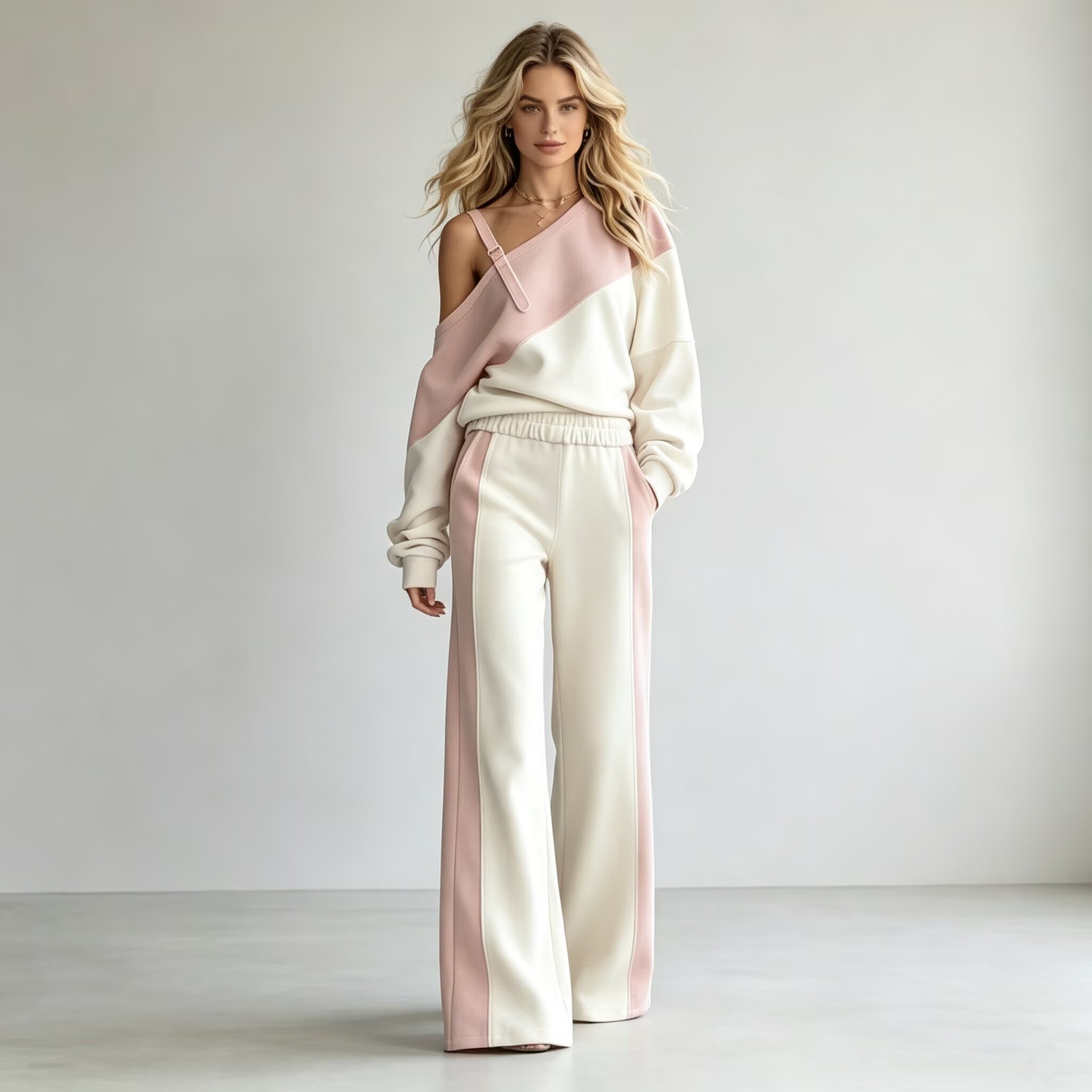 Women's Colorblock One-Shoulder Sweatshirt & Wide-Leg Pants Set