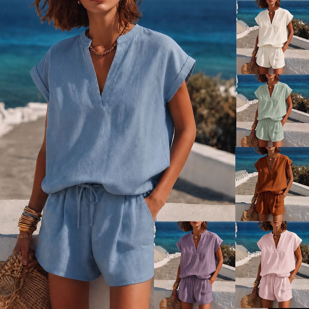Women's Breathable V-Neck Cap Sleeve Top and Drawstring Shorts Set with Pockets