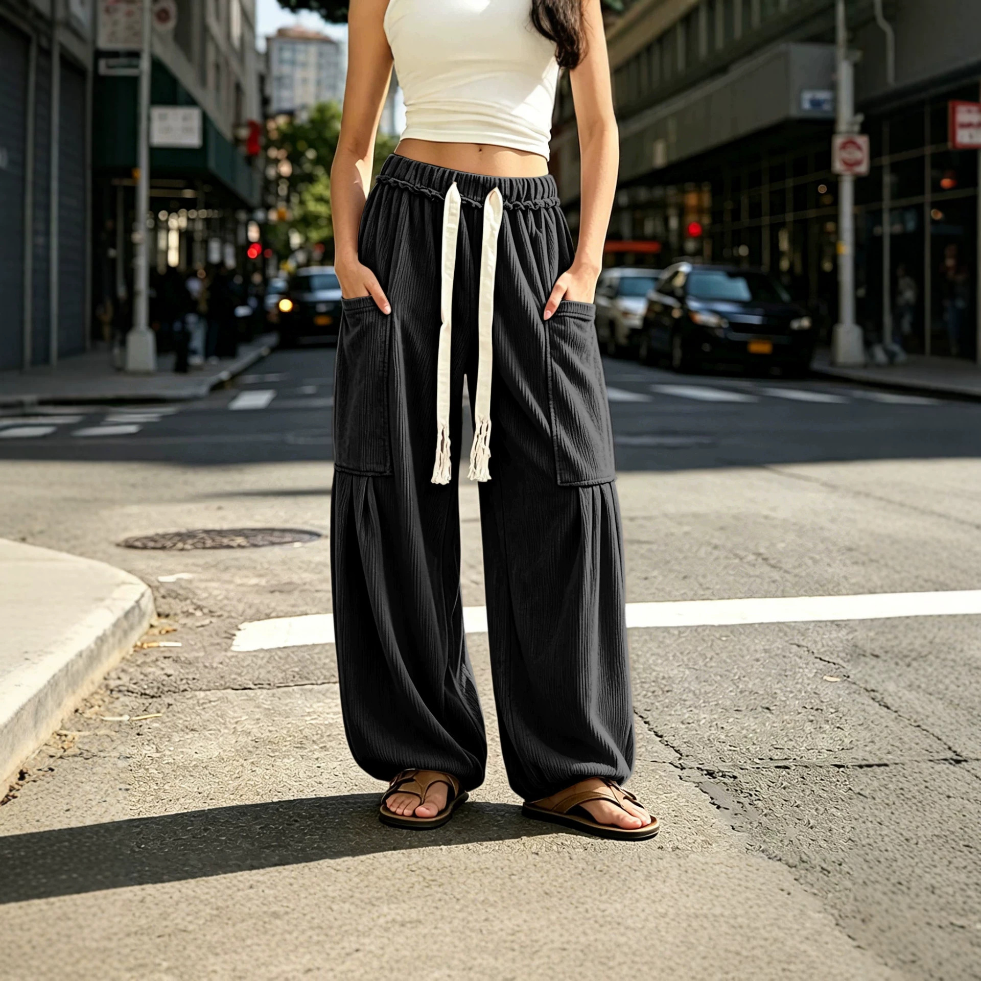 Women's Corduroy Cargo Pants Drawstring Elastic Waist Multi-Pocket Loose Tapered