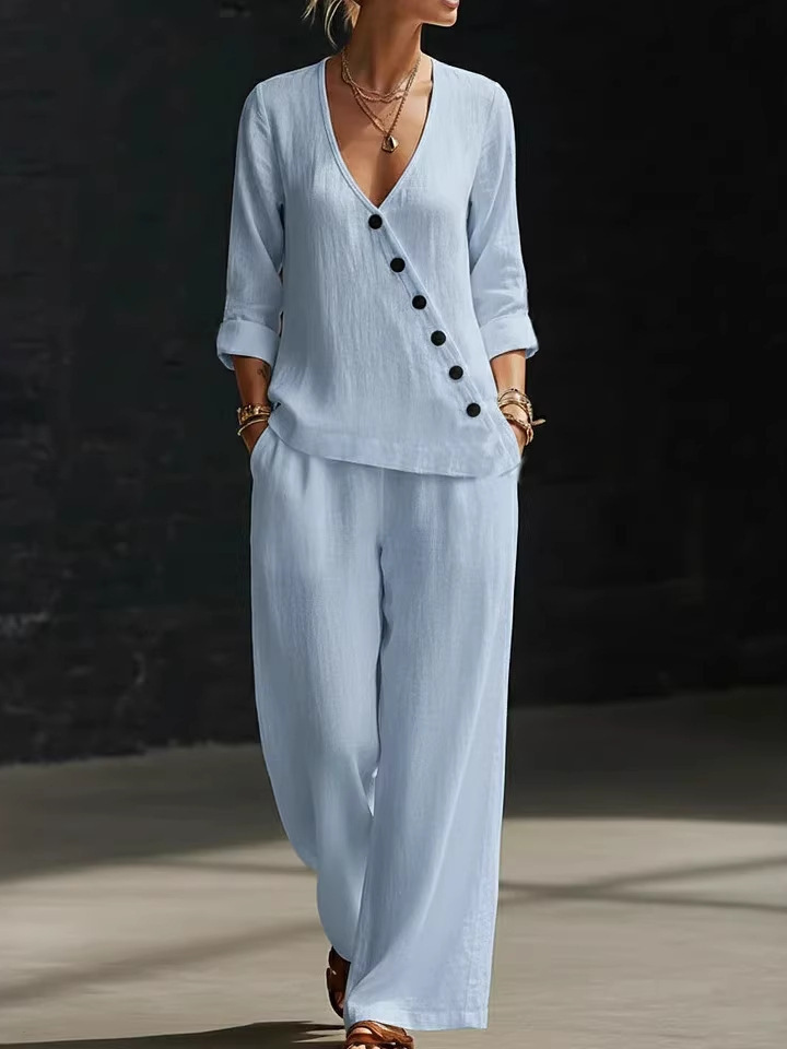 Women's Minimalist V-Neck Button Shirt & Wide-Leg Pants Set