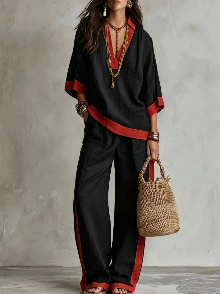 Color-Block Linen Blend Lounge Set – V-Neck Top & Wide-Leg Pants