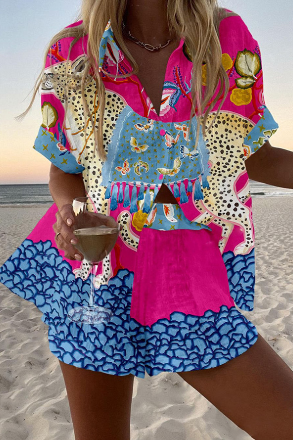 Women's Animal Print Short Sleeve Collared Top Set
