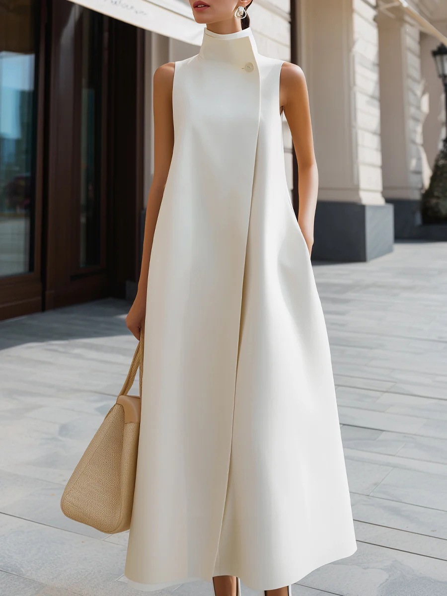 Elegant Stand Collar Sleeveless A-Line Midi Dress