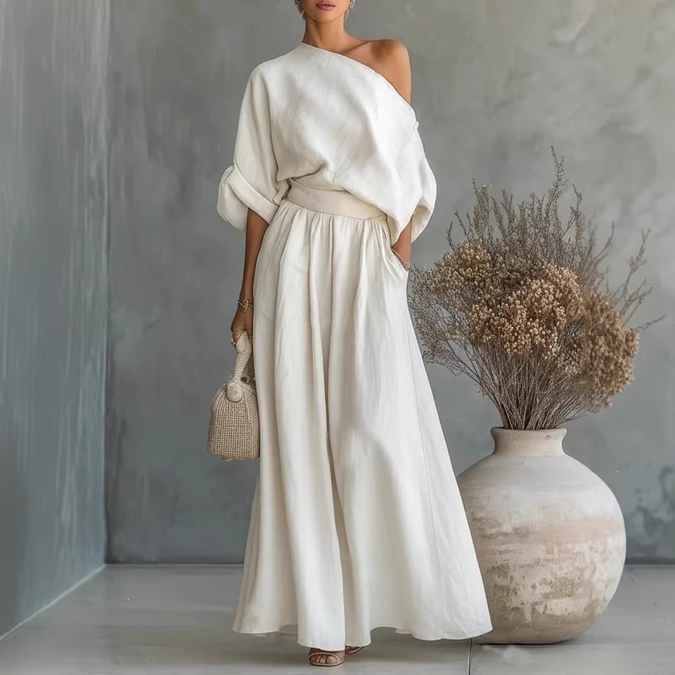 Elegant One-Shoulder Waist-Cinching Top and Skirt Two-Piece Set