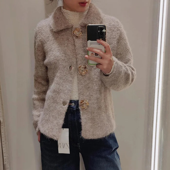 Faux Fur Trim Floral Button Knit Cardigan