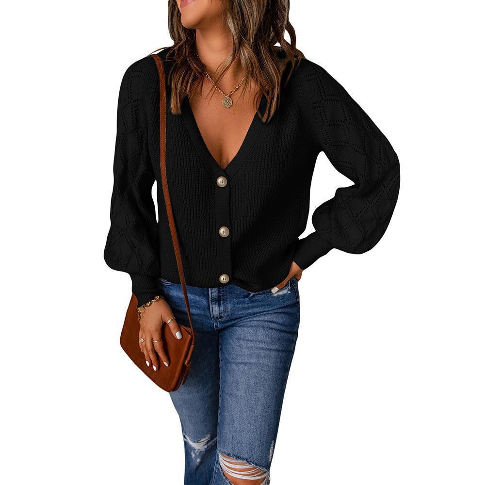 Women's Solid Quilted Puff Sleeve Knit Cardigan Loose Single-Breasted Open-Front Sweater