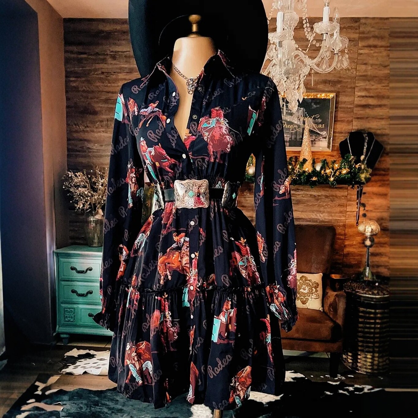 Western Cowboy Print Long Sleeve Shirt Dress with Waist Tie and Ruffle Hem