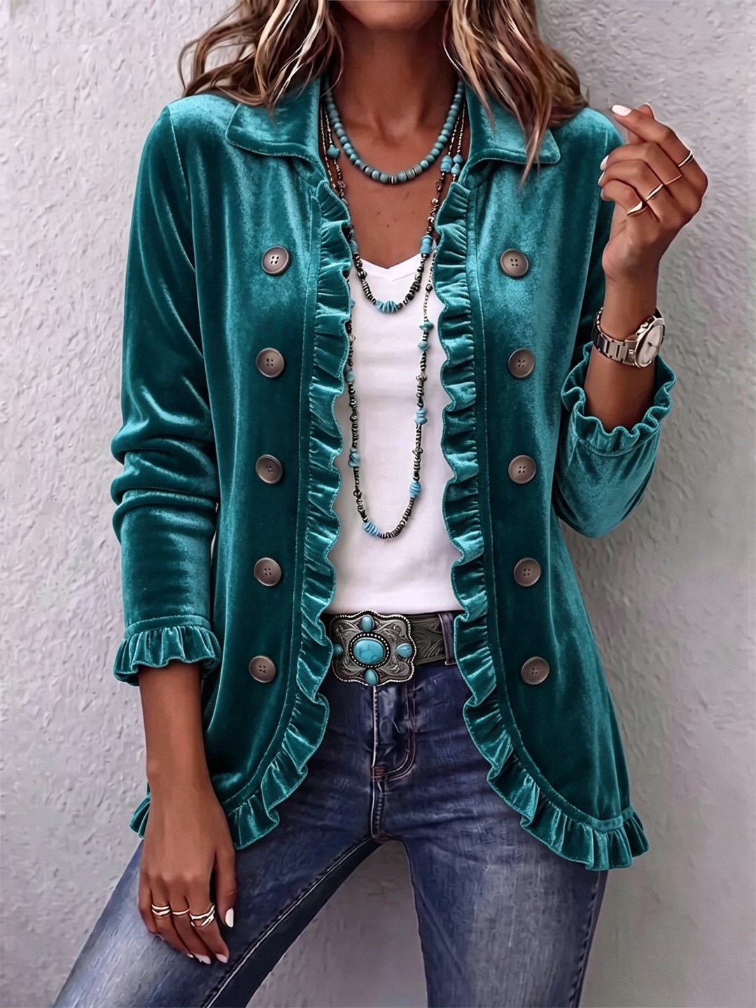 Women's Velvet Ruffle Button-Front Cardigan Long Sleeve