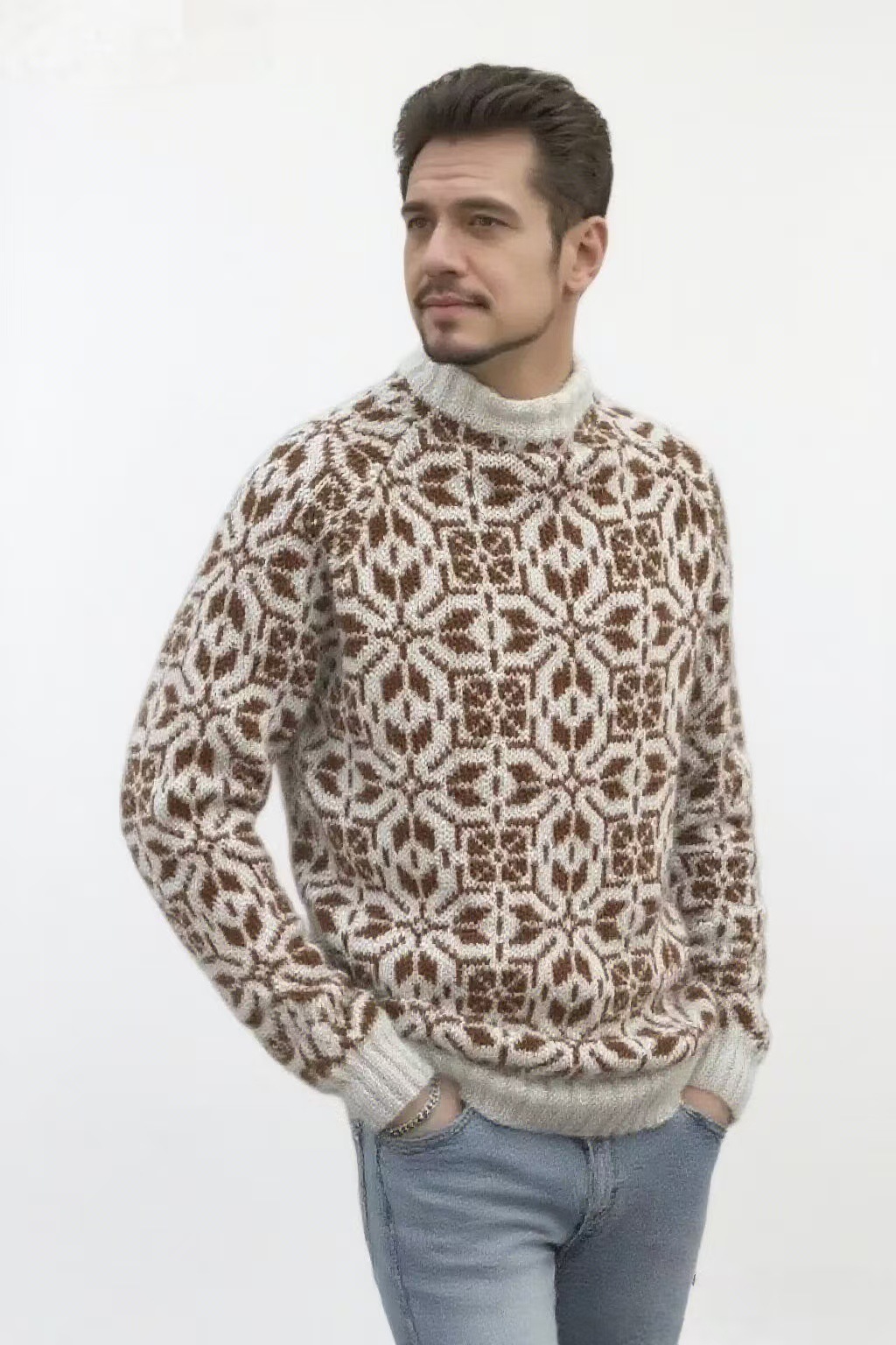 Retro Floral Jacquard Crewneck Pullover Sweater