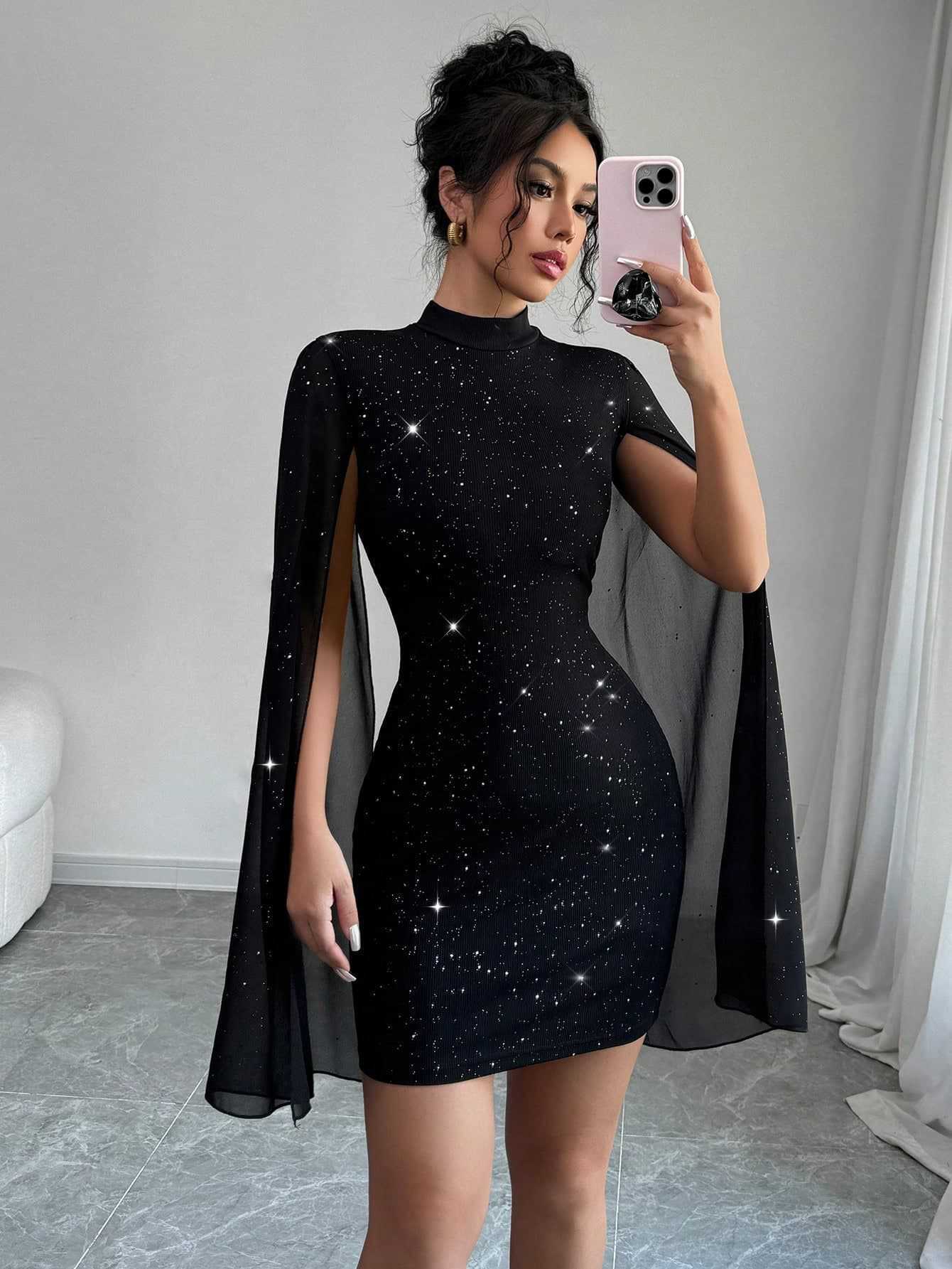 Shiny Print High Neck Lantern Sleeve Bodycon Party Dress