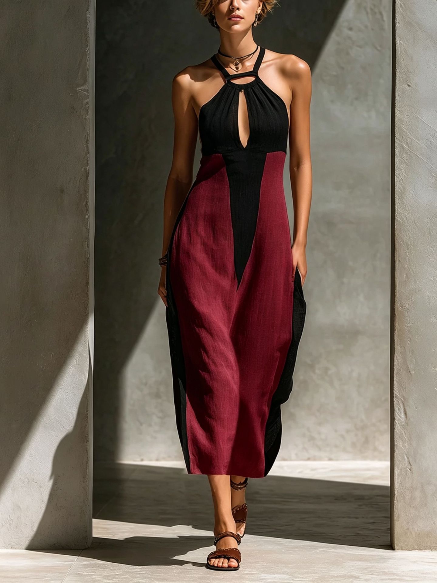 Women's Sleeveless Linen Blend Maxi Dress Colorblock Cutout Slim Fit Vacation