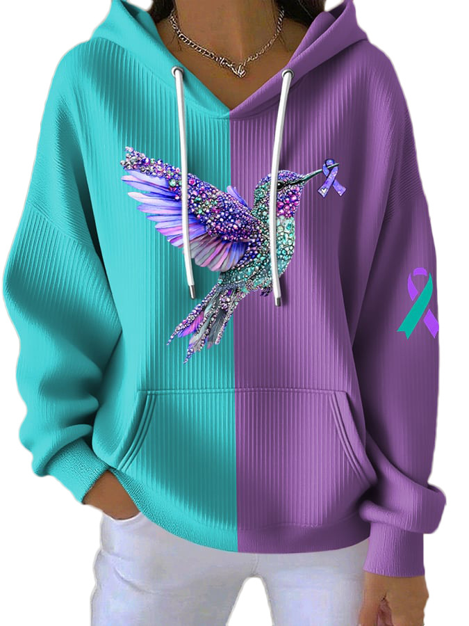 Women's Striped Hooded Long-Sleeve Sweatshirt with Cartoon Digital Print